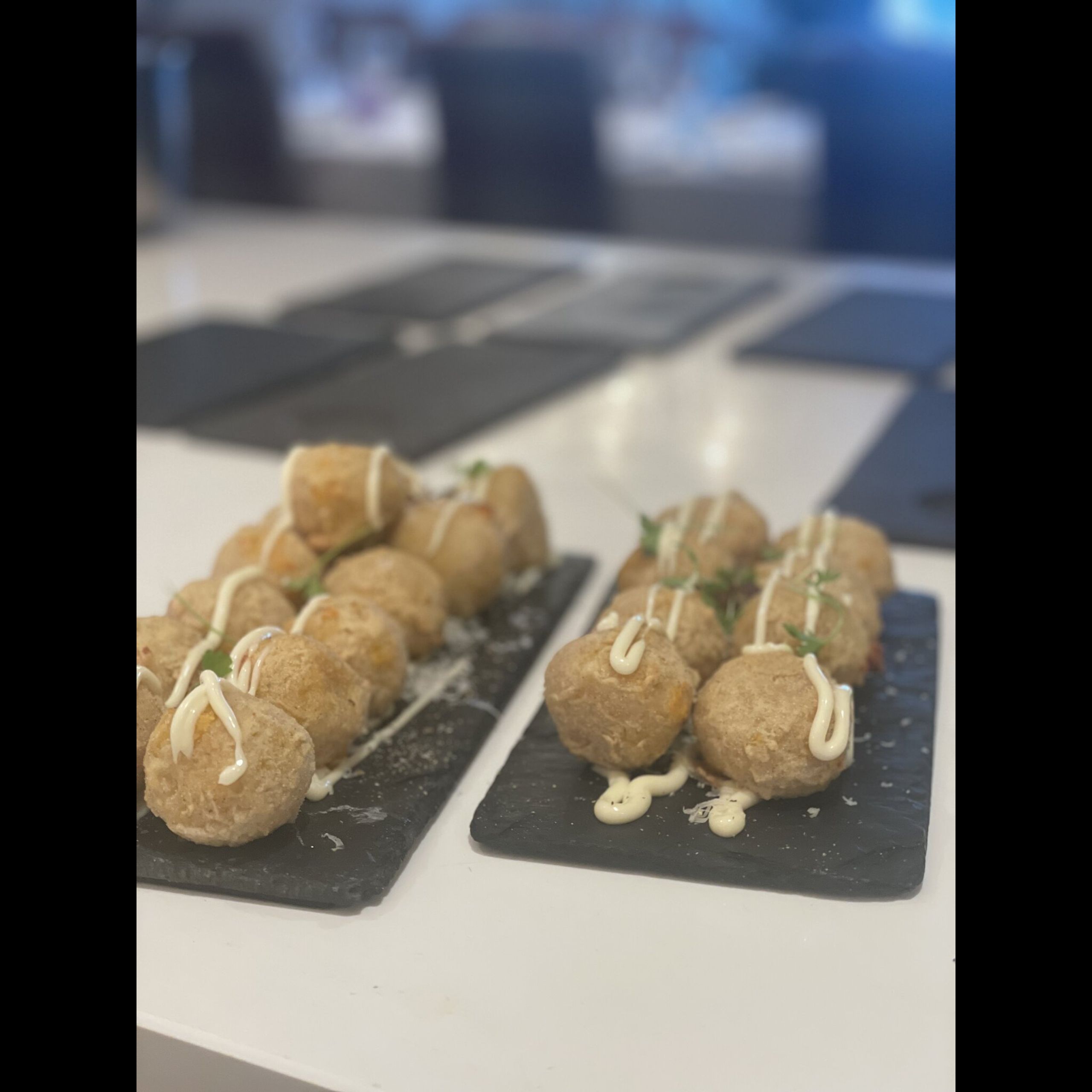 Arancini canapés on slate at a hen party at Kipney Lodge, Perthshire, by chef Giuseppe Manzoli