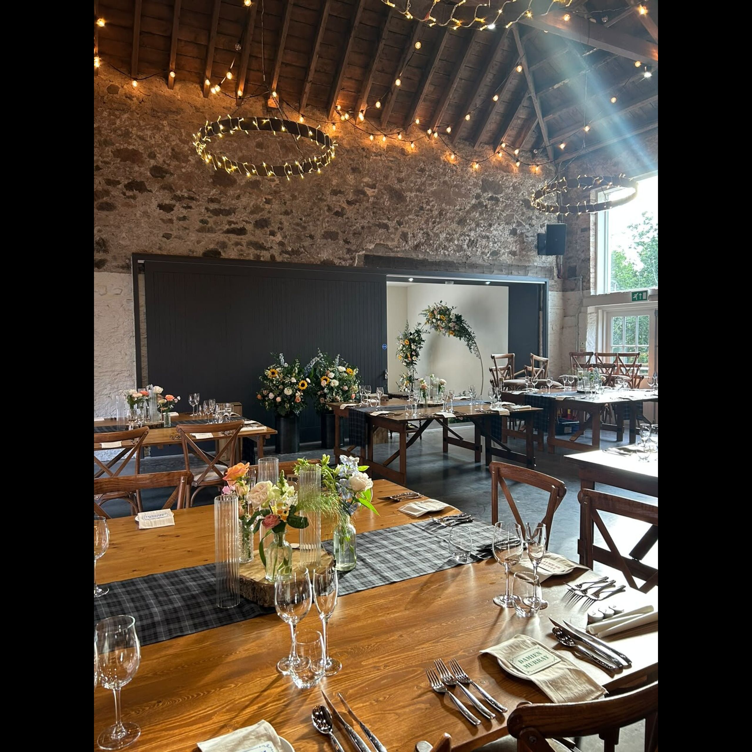 Wedding table dressed in a barn venue in Perthshire, catered by private chef Giuseppe Manzoli
