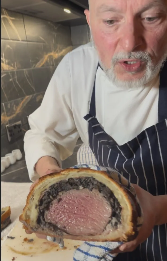 Sliced Beef Wellington cooked pink by private chef Giuseppe Manzoli at a Loch Ness lodge