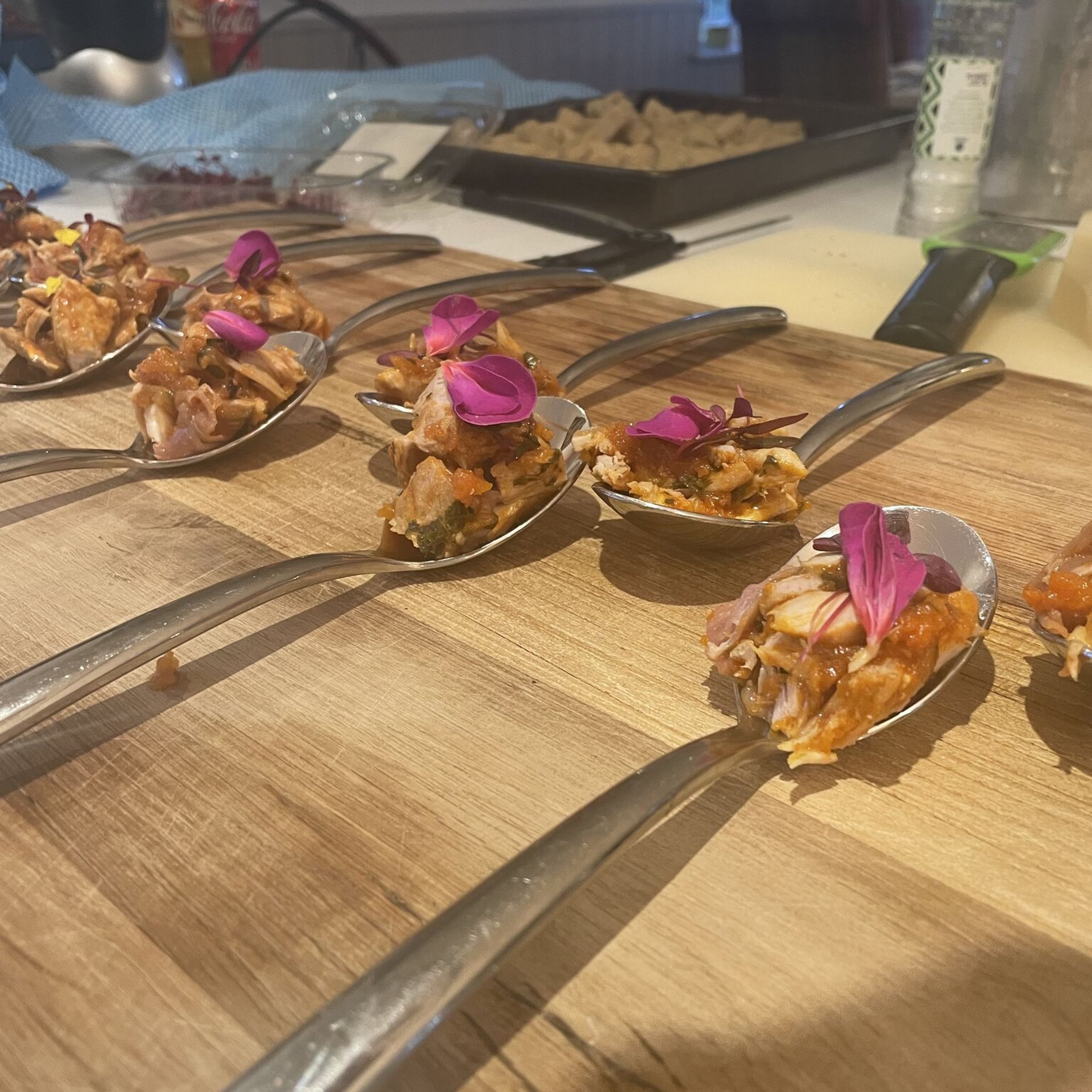 Canapé spoons lined up for a hen do at Kipney Lodge, Perthshire