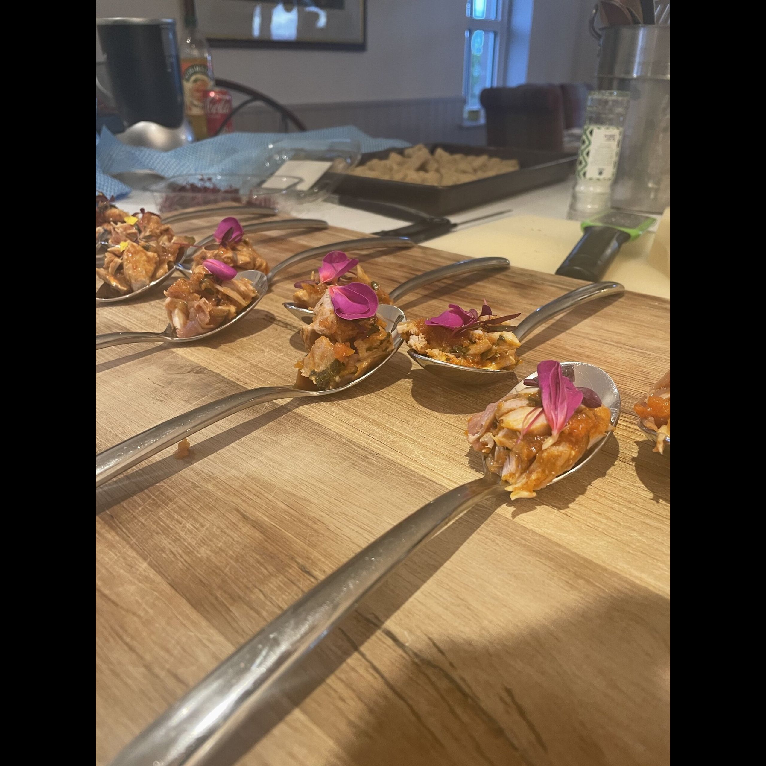 Canapé spoons lined up for a hen do at Kipney Lodge, Perthshire