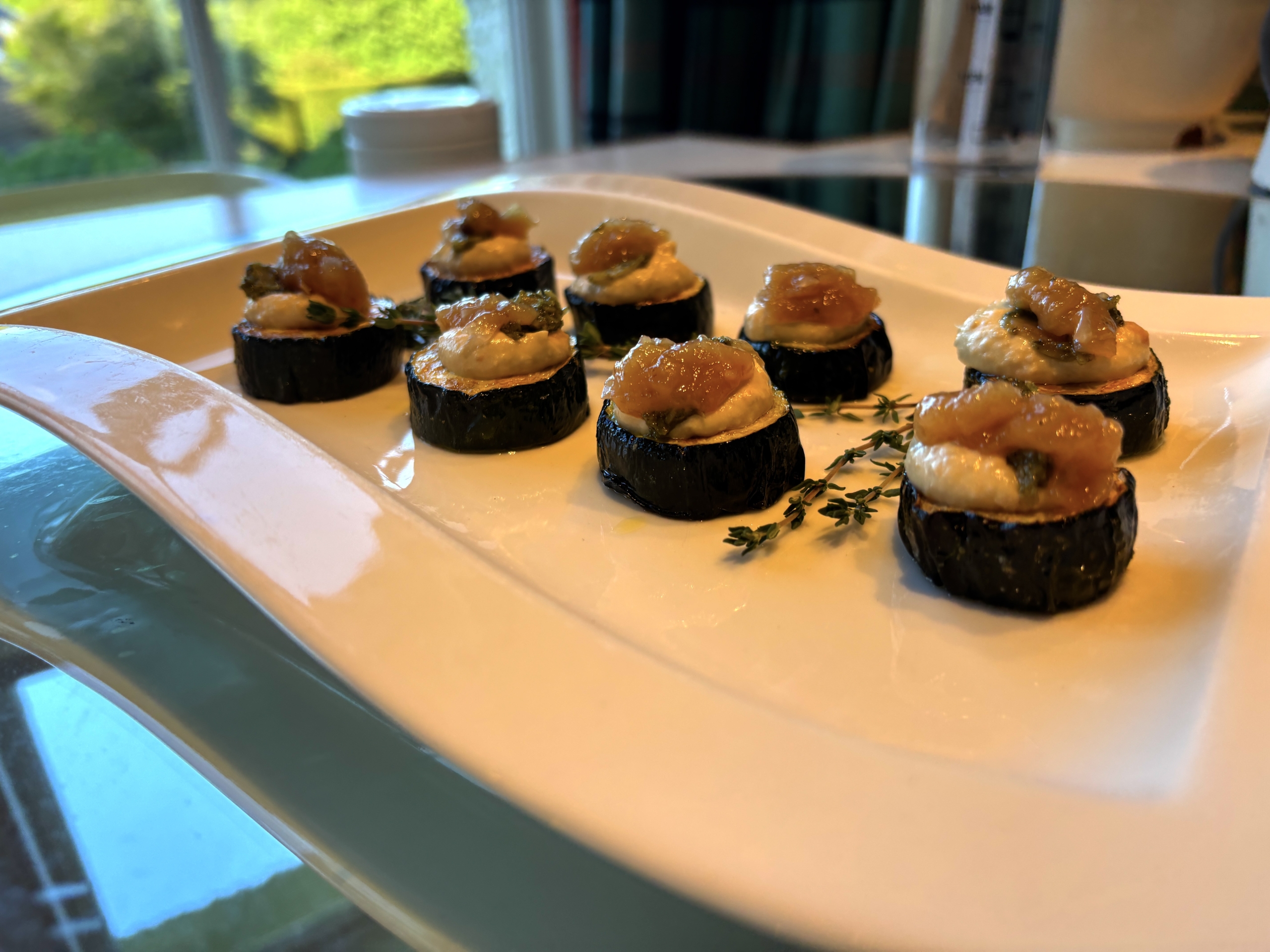 Roasted courgette canapés with white-bean purée, Brewlands Estate