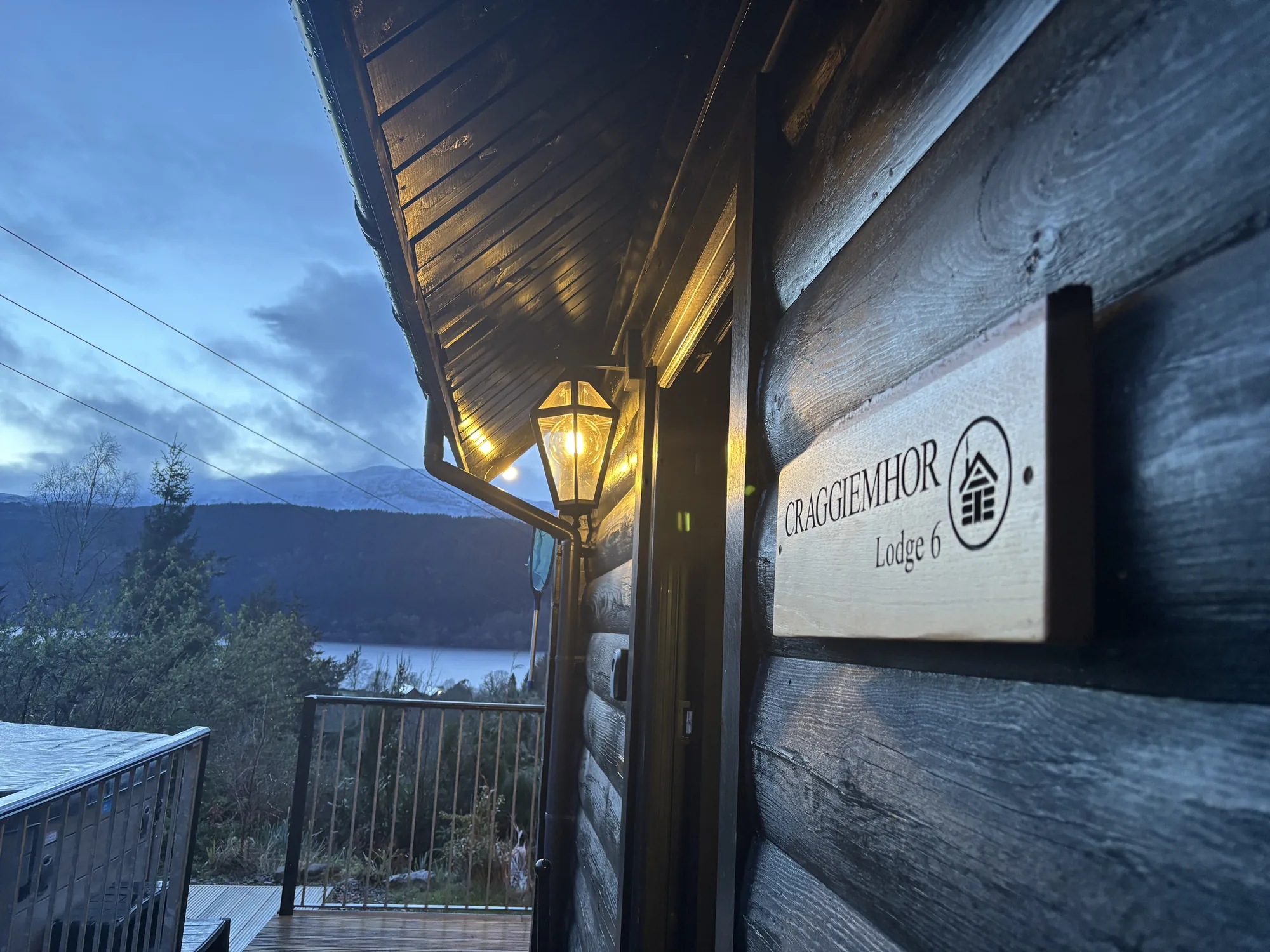 Craggiemhor Lodge exterior overlooking Loch Ness near Inverness at dusk