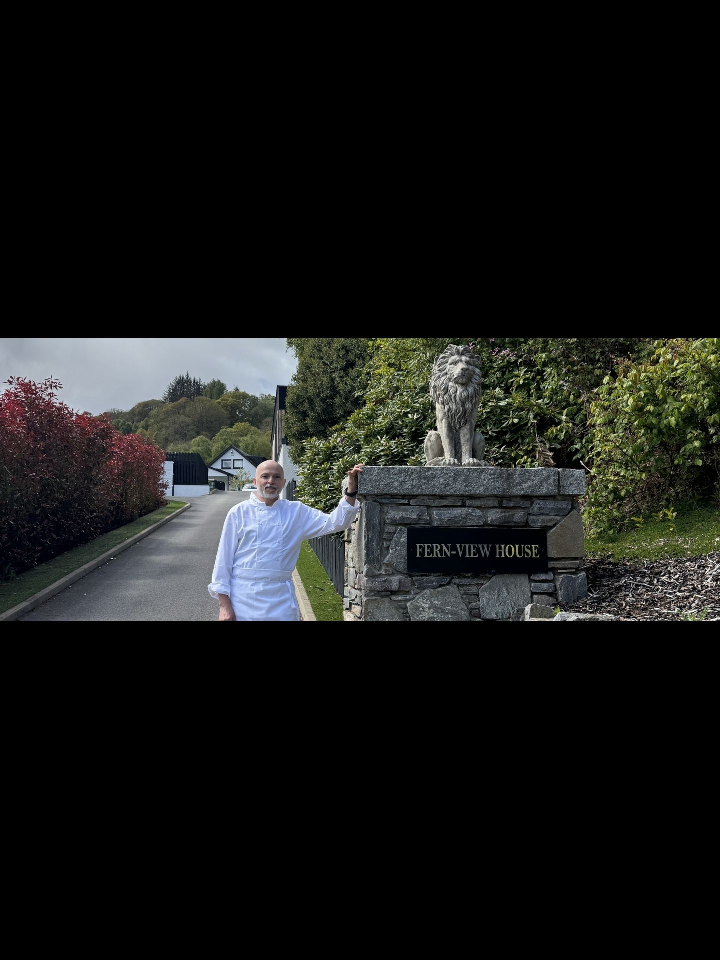 Giuseppe Manzoli, Italian private chef in whites, arriving to cook at Fern View House — a Loch Ness lodge in the Scottish Highlands.