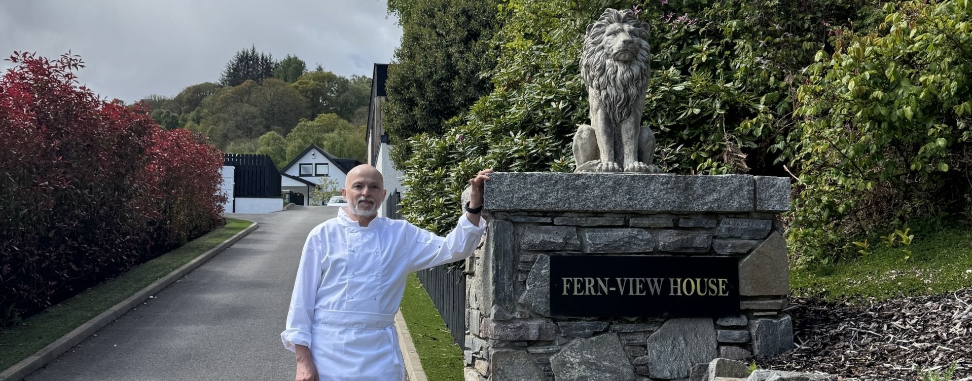 Giuseppe Manzoli, Italian private chef in whites, arriving to cook at Fern View House — a Loch Ness lodge in the Scottish Highlands.