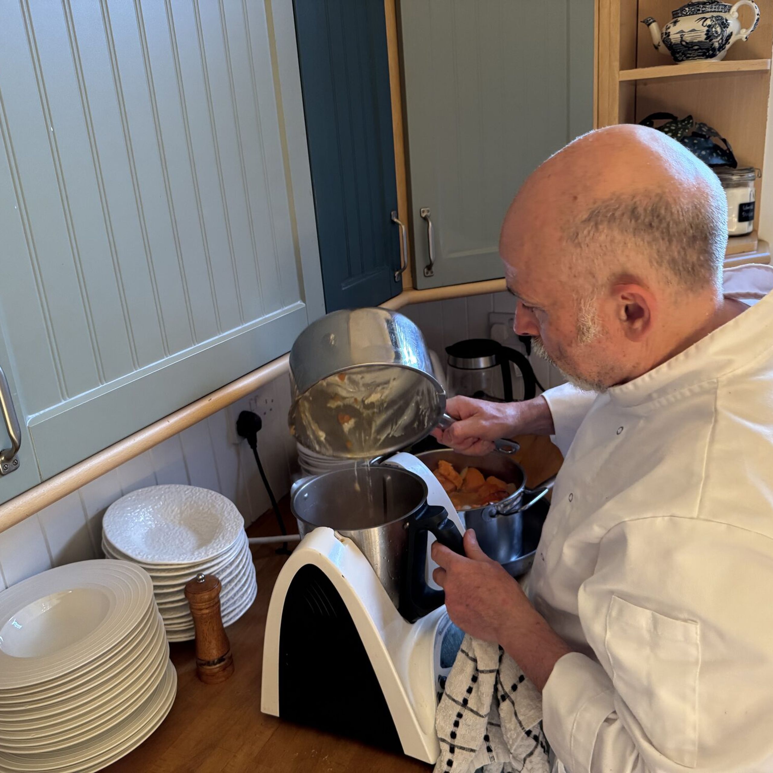Making butternut squash velouté in the kitchen at Beechwood House, Moffat