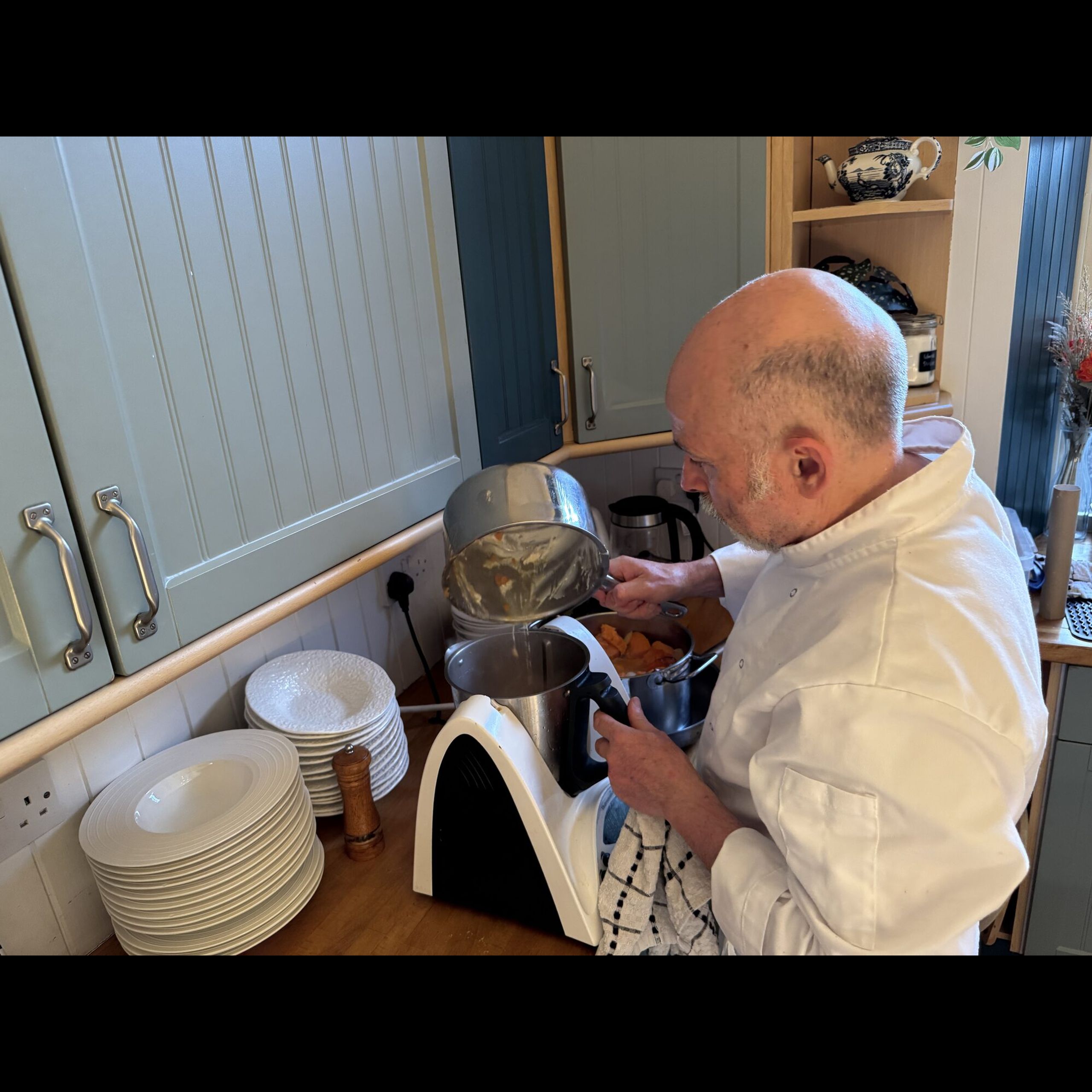 Making butternut squash velouté in the kitchen at Beechwood House, Moffat