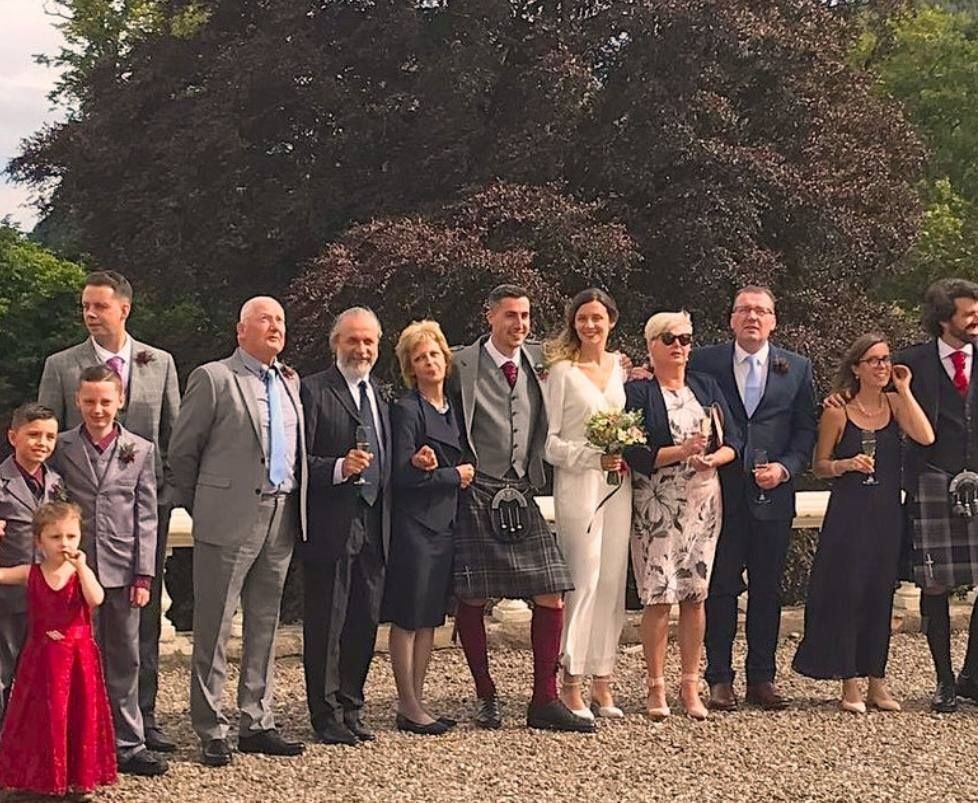 Cynthia So's wedding party photographed at Beechwood House, Moffat in July 2024 — wedding dinner catered by private chef Giuseppe Manzoli