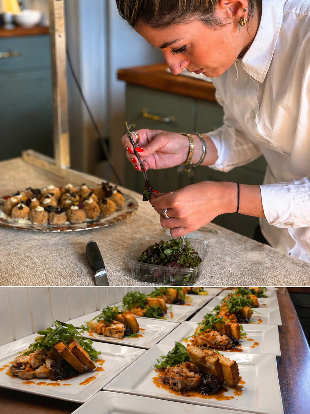 Plated main course service for 16 guests at a wedding catered by private chef Giuseppe Manzoli — Beechwood House, Moffat, July 2024