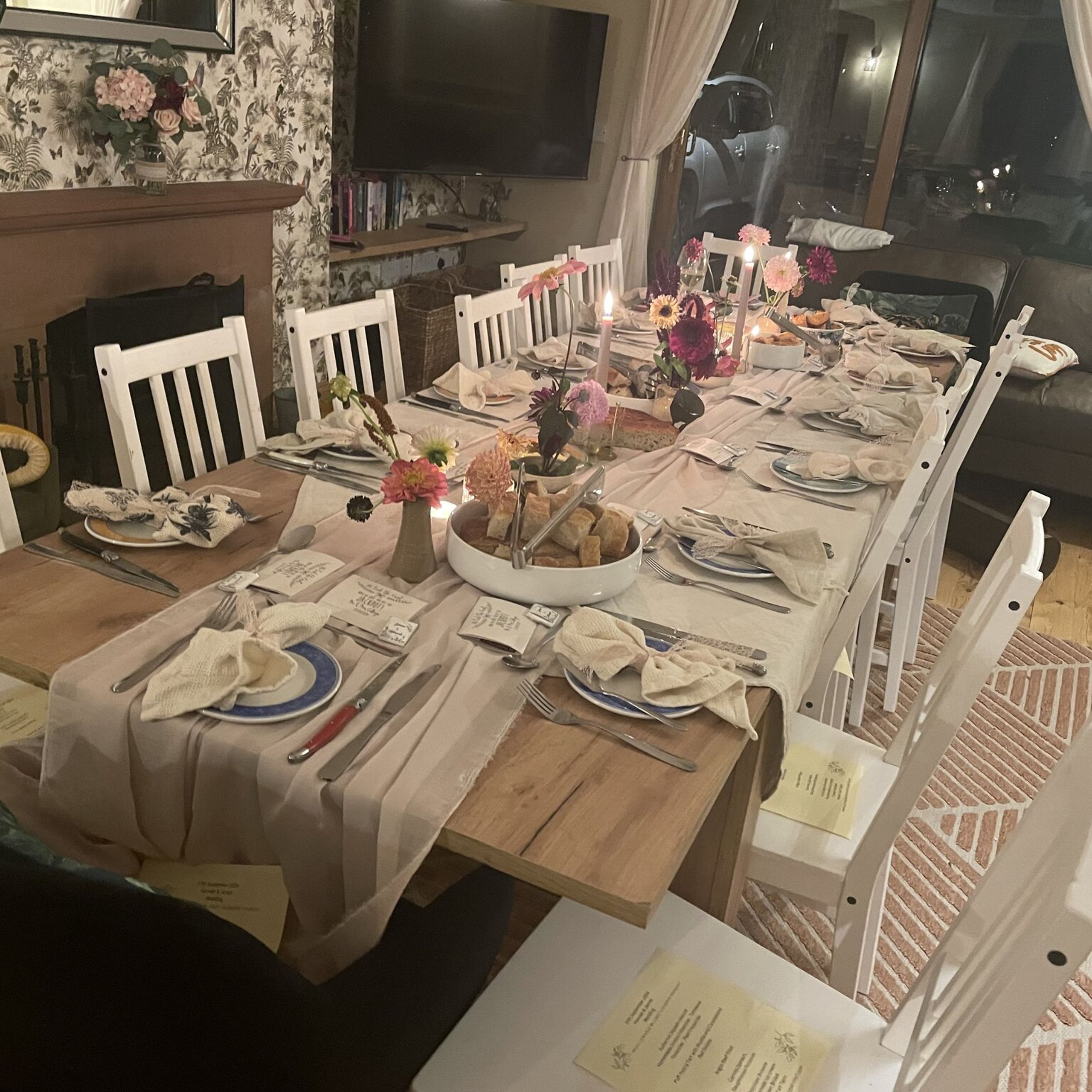 Long table set for a hen do dinner at Kipney Lodge in Glenalmond, Perthshire
