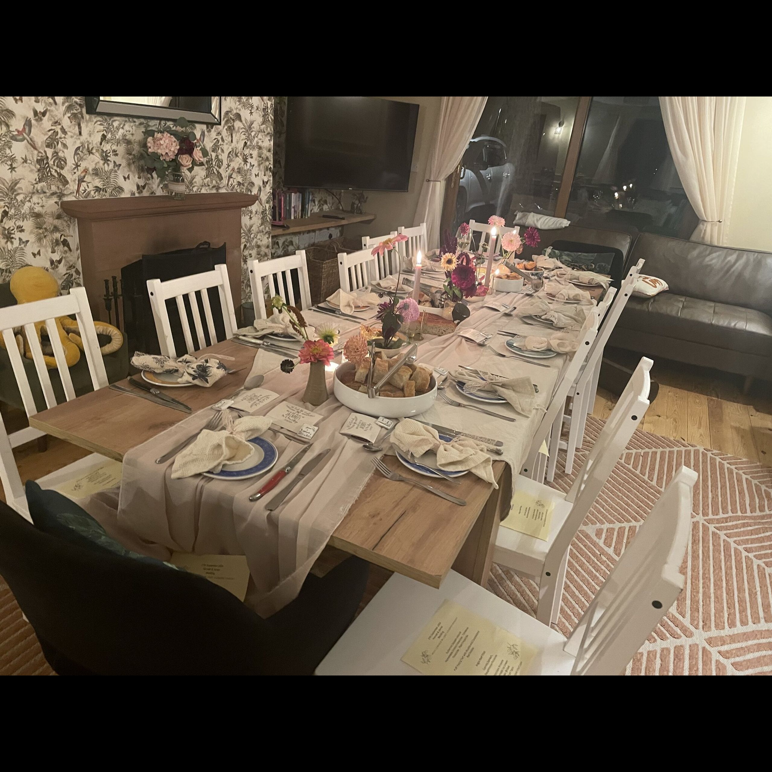 Long table set for a hen do dinner at Kipney Lodge in Glenalmond, Perthshire