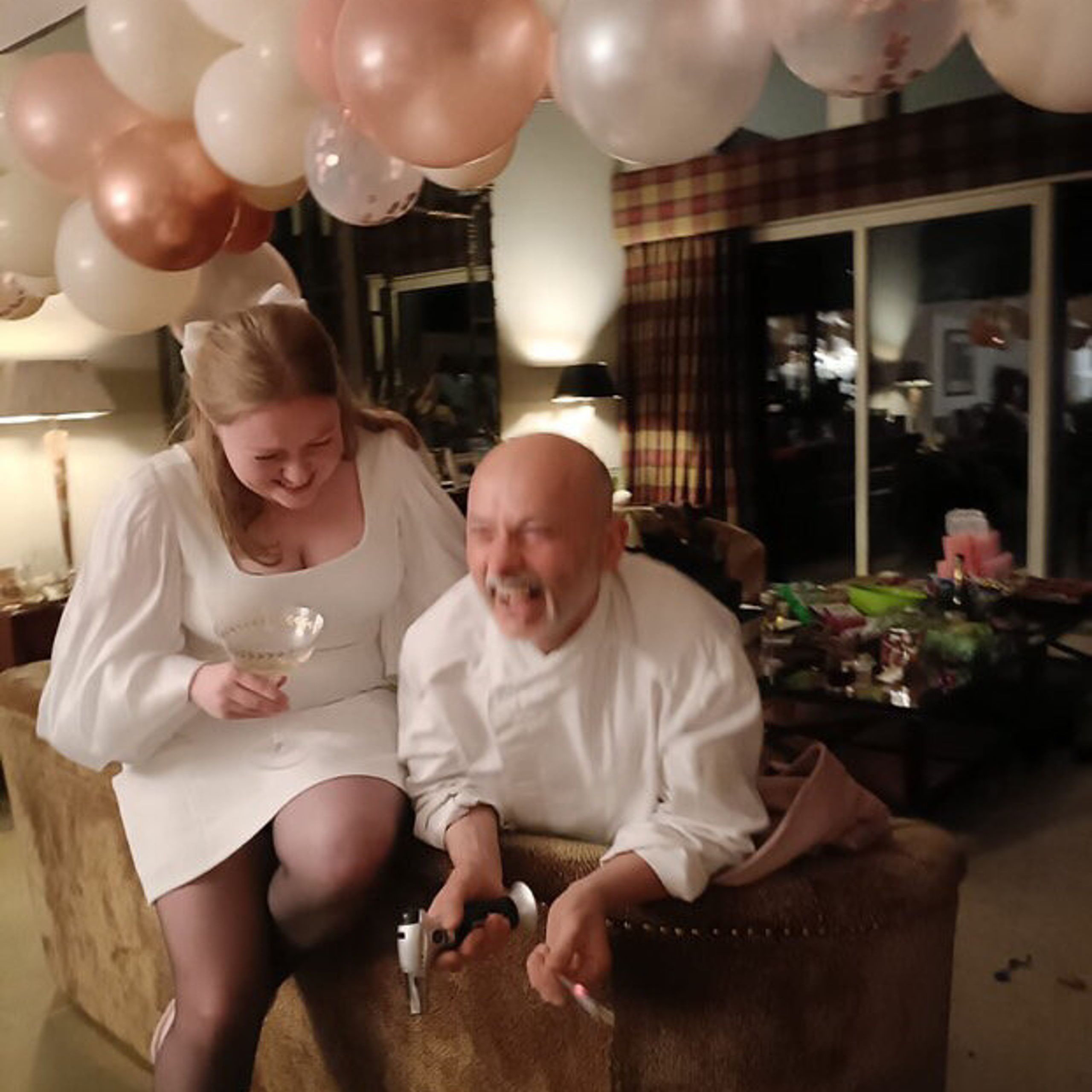 Hen party celebration under balloons at Kipney Lodge, Perthshire, with chef Giuseppe Manzoli