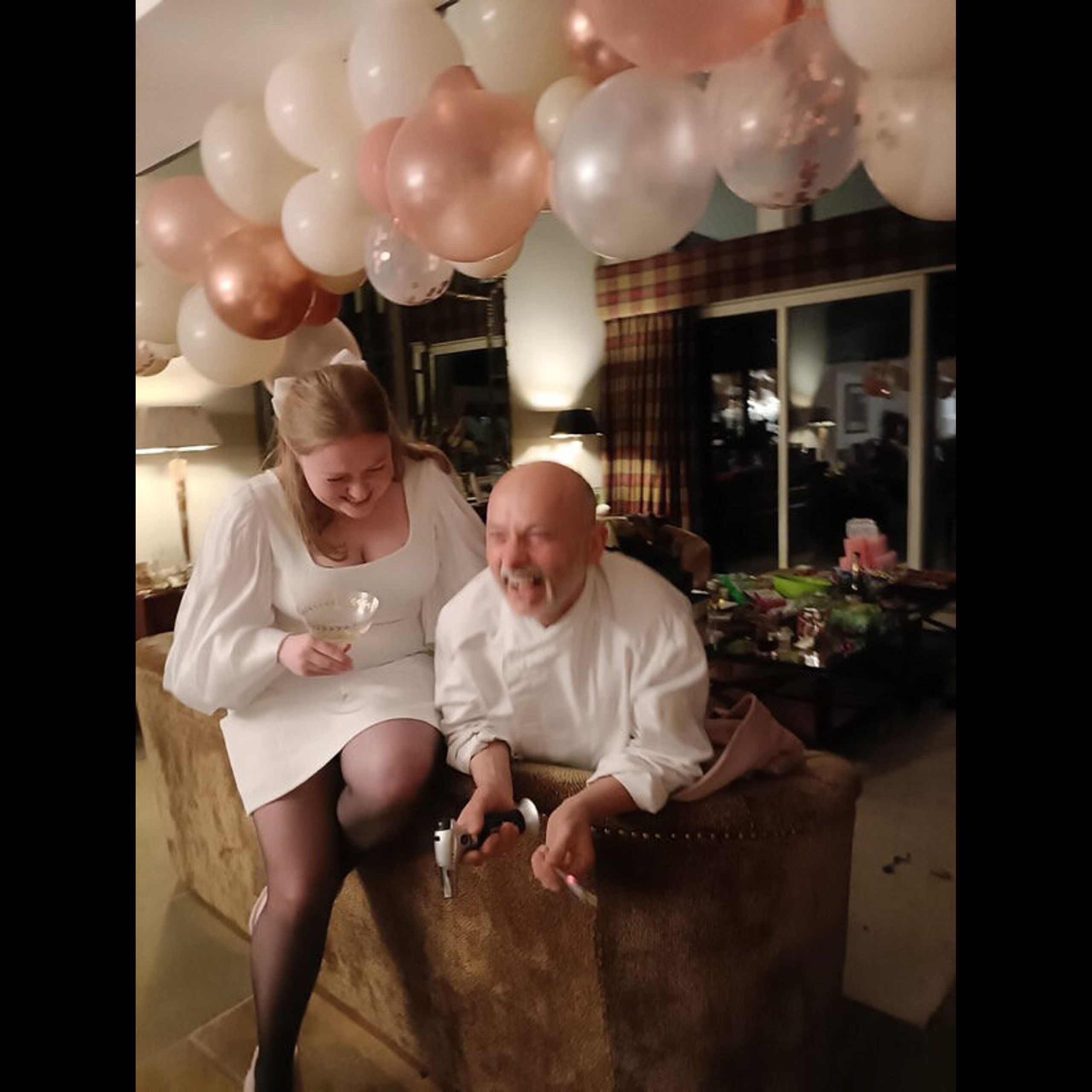 Hen party celebration under balloons at Kipney Lodge, Perthshire, with chef Giuseppe Manzoli