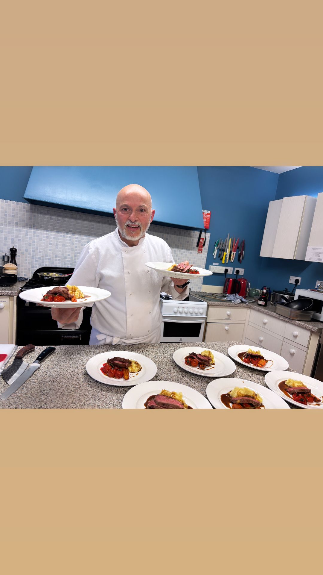 Italian private chef Giuseppe Manzoli plating a fillet of beef course — Cairngorms lodge cooking, Scotland