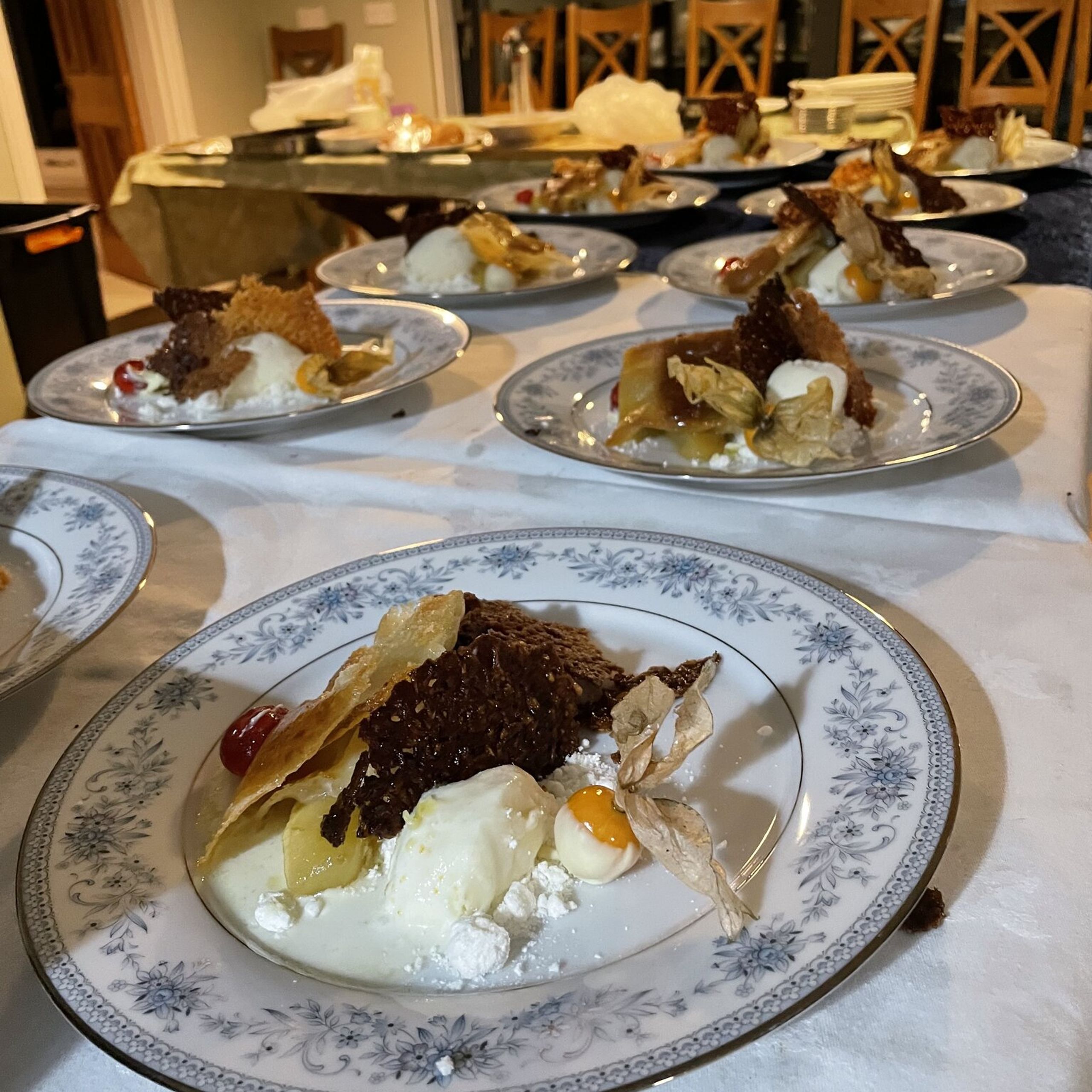 Wedding desserts plated in rows by private chef Giuseppe Manzoli at Easter Kincaple Farmhouse