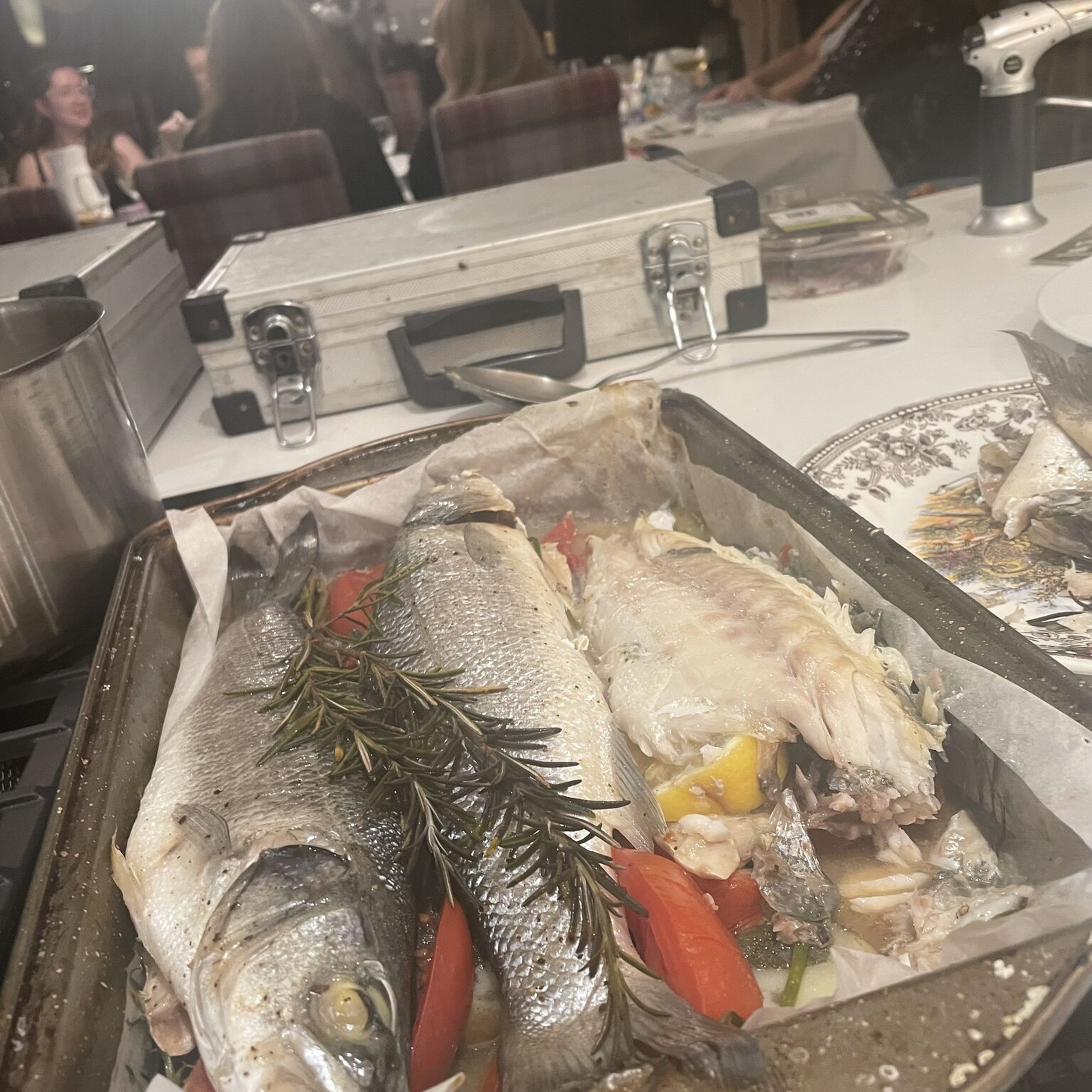 Whole seabass baked with rosemary and lemon for a hen party at Kipney Lodge, Perthshire